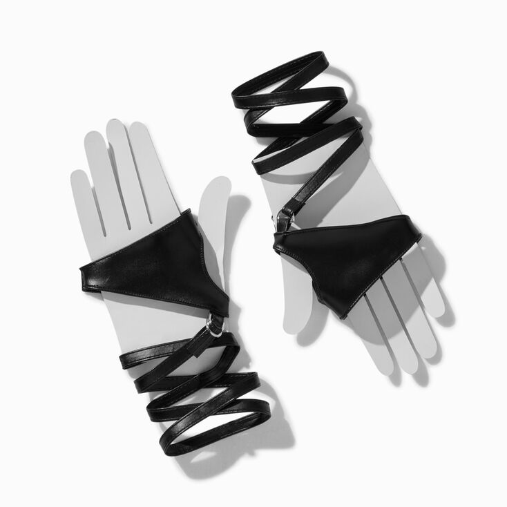 Black Strappy Faux Leather Fingerless Gloves,