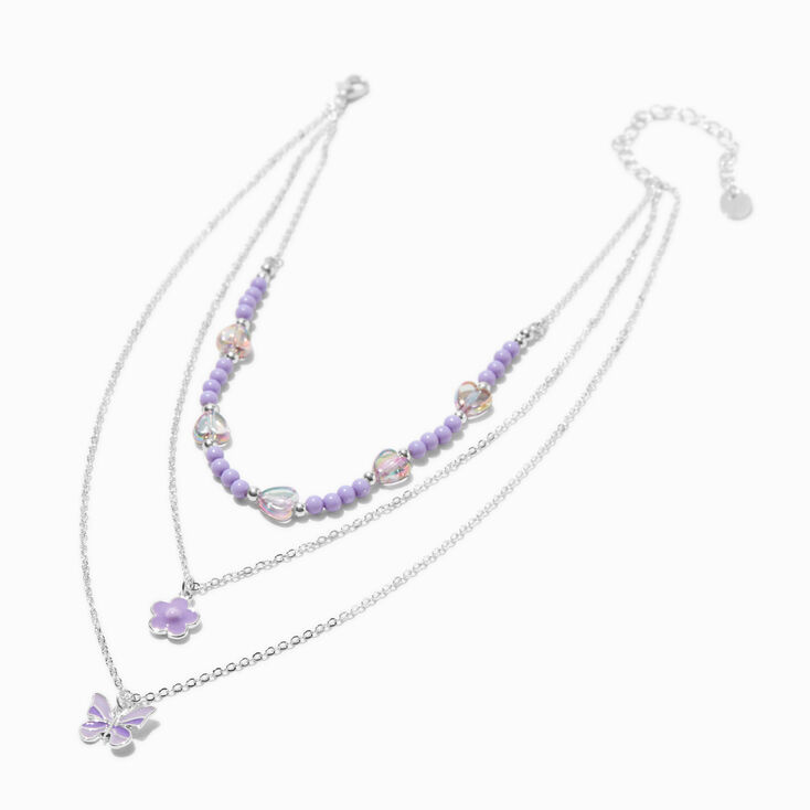 Purple Butterfly &amp; Flower Multi-Strand Pendant Necklace,