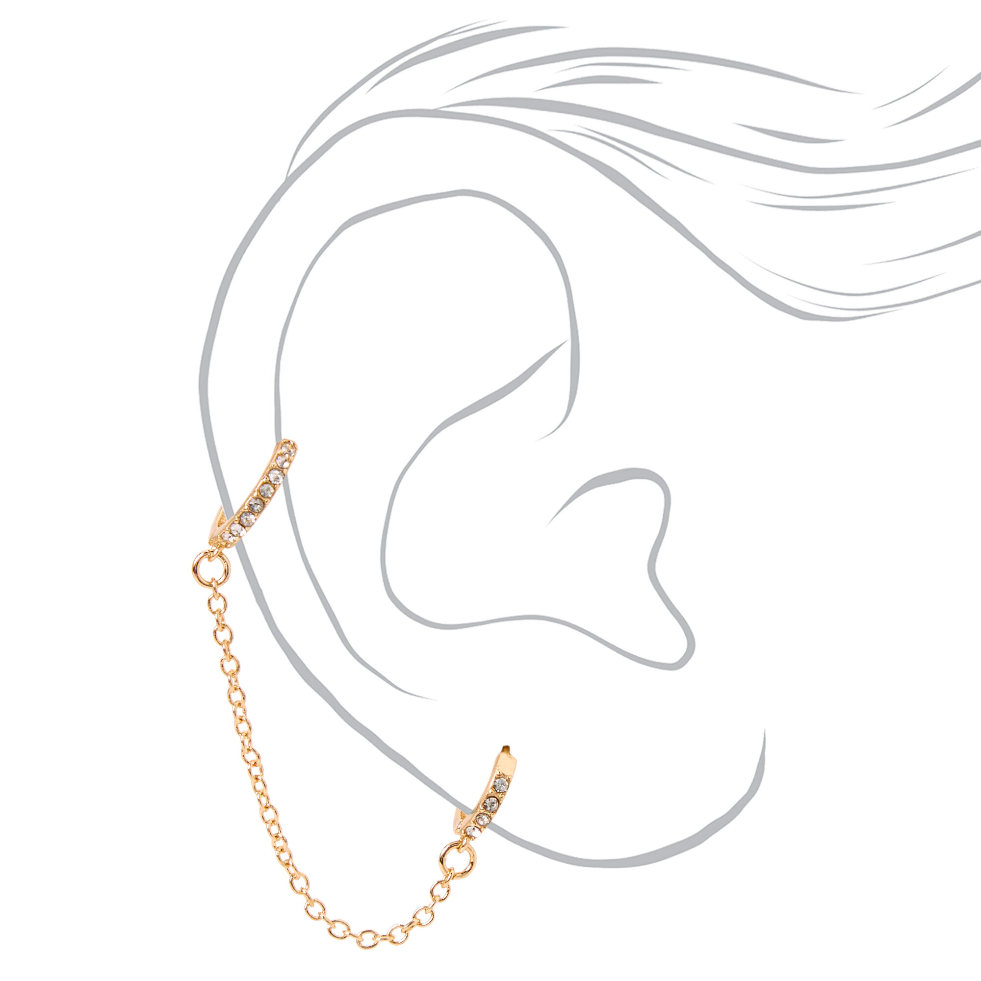 Boucle d’oreille huggie pour piercing au cartilage reliée par une chaîne avec strass 10 mm couleur dorée,