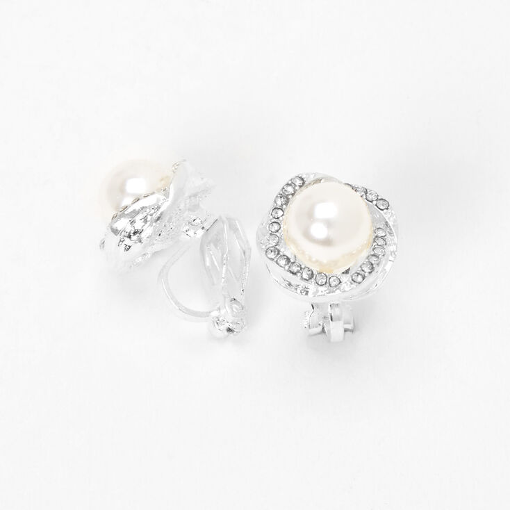 Silver Embellished Halo Pearl Clip-On Earrings,