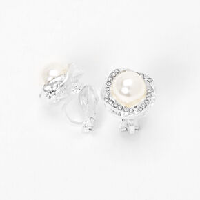 Silver Embellished Halo Pearl Clip On Stud Earrings,