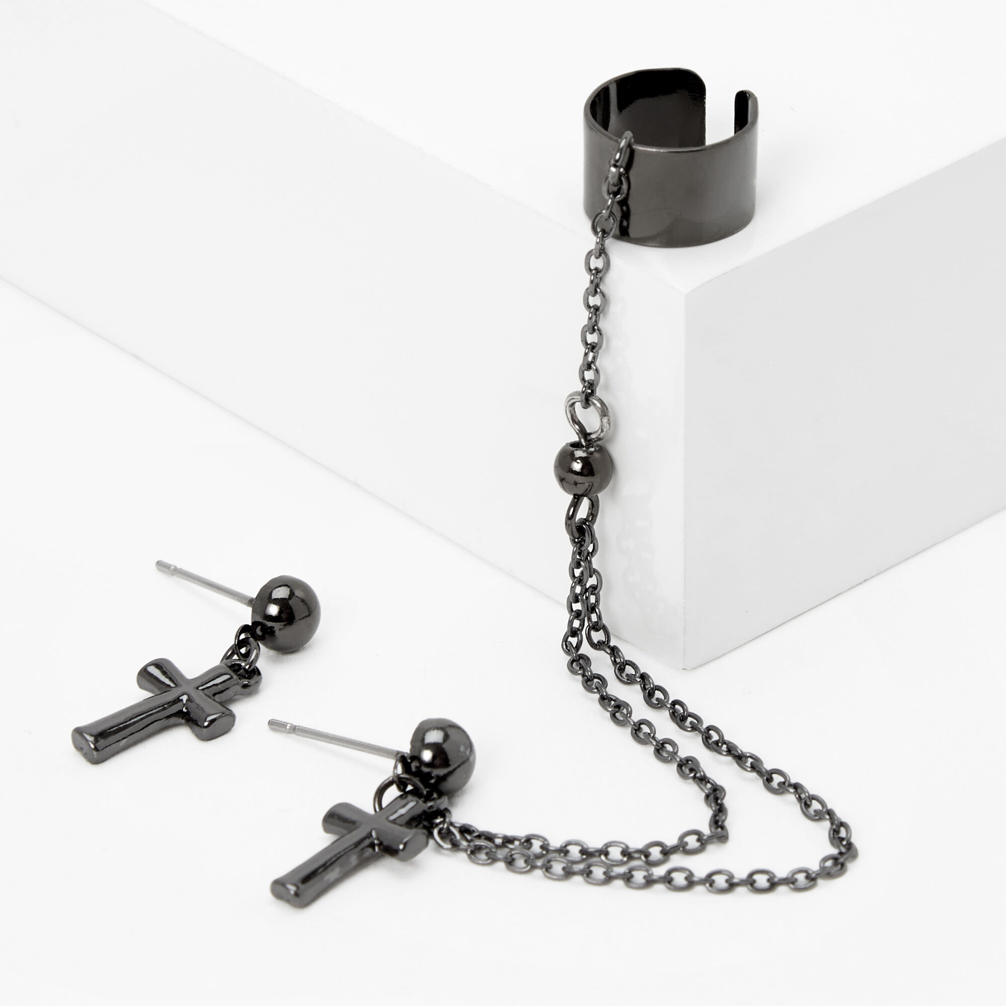View Claires Hematite Cross Cuff Connector Earrings information