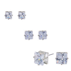 Silver-tone Cubic Zirconia 5mm, 6mm, &amp; 7mm Square Stud Earrings - 3 Pack ,
