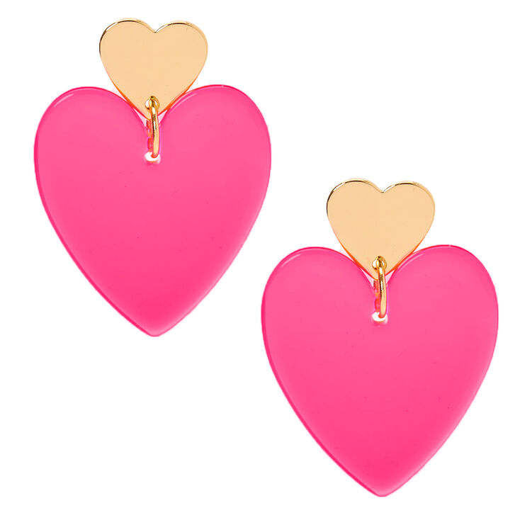 Gold 2&quot; Neon Double Heart Drop Earrings - Pink,