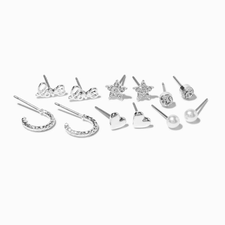 Silver Mixed Heart Stud Earrings - 6 Pack,