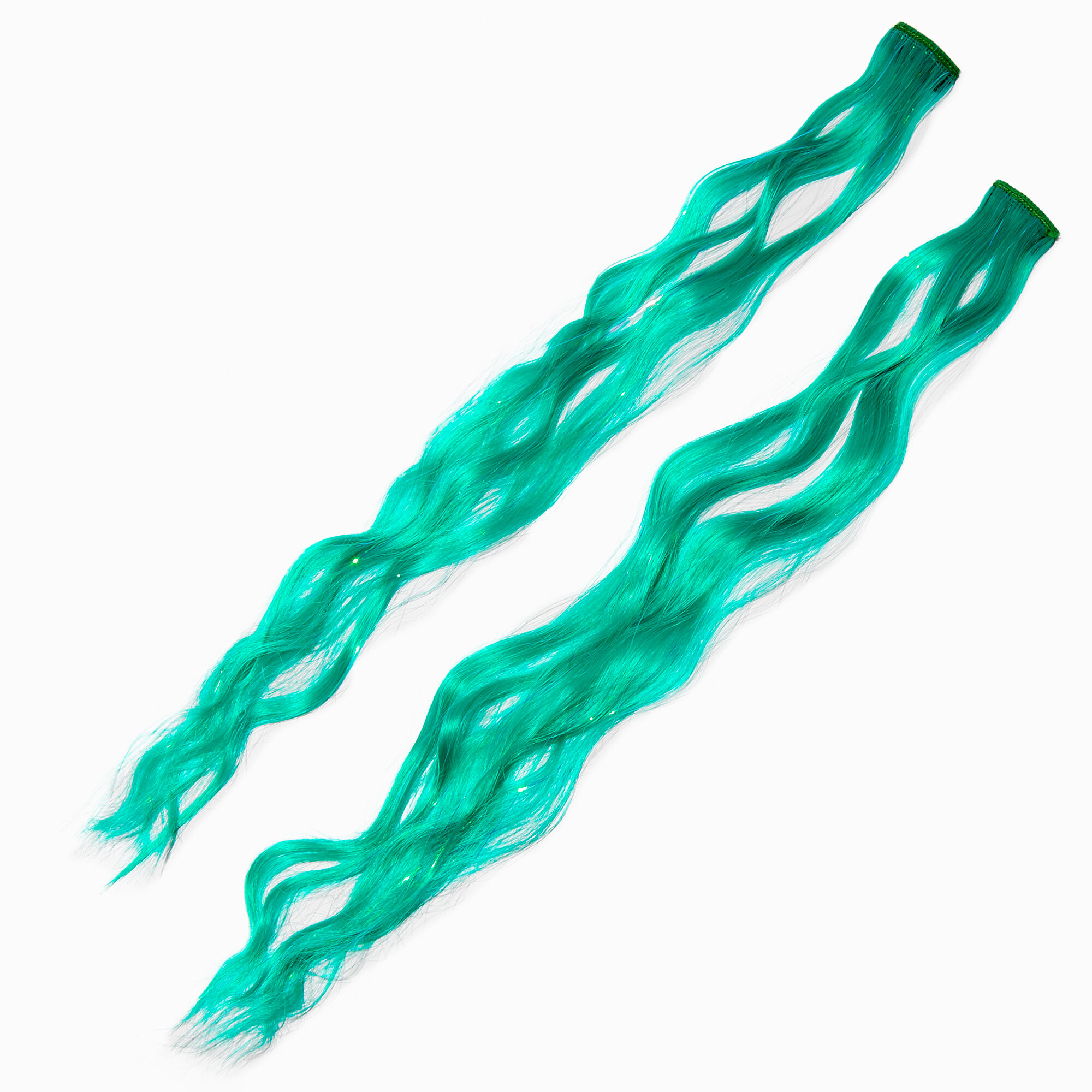 View Claires Tinsel Curly Faux Hair Clip In Extensions 2 Pack Teal information