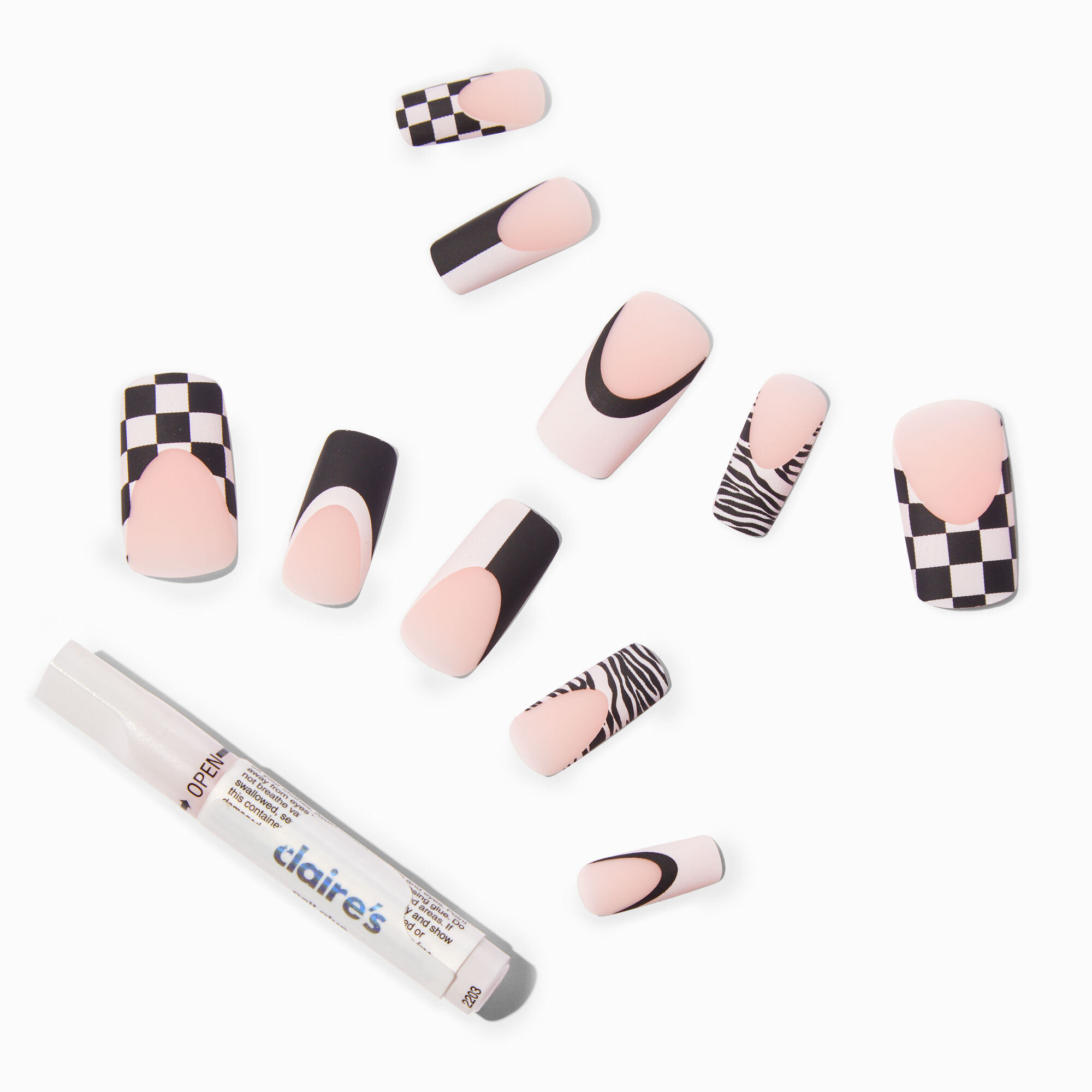 View Claires Zebra Check Tip Long Square Vegan Faux Nail Set 24 Pack information