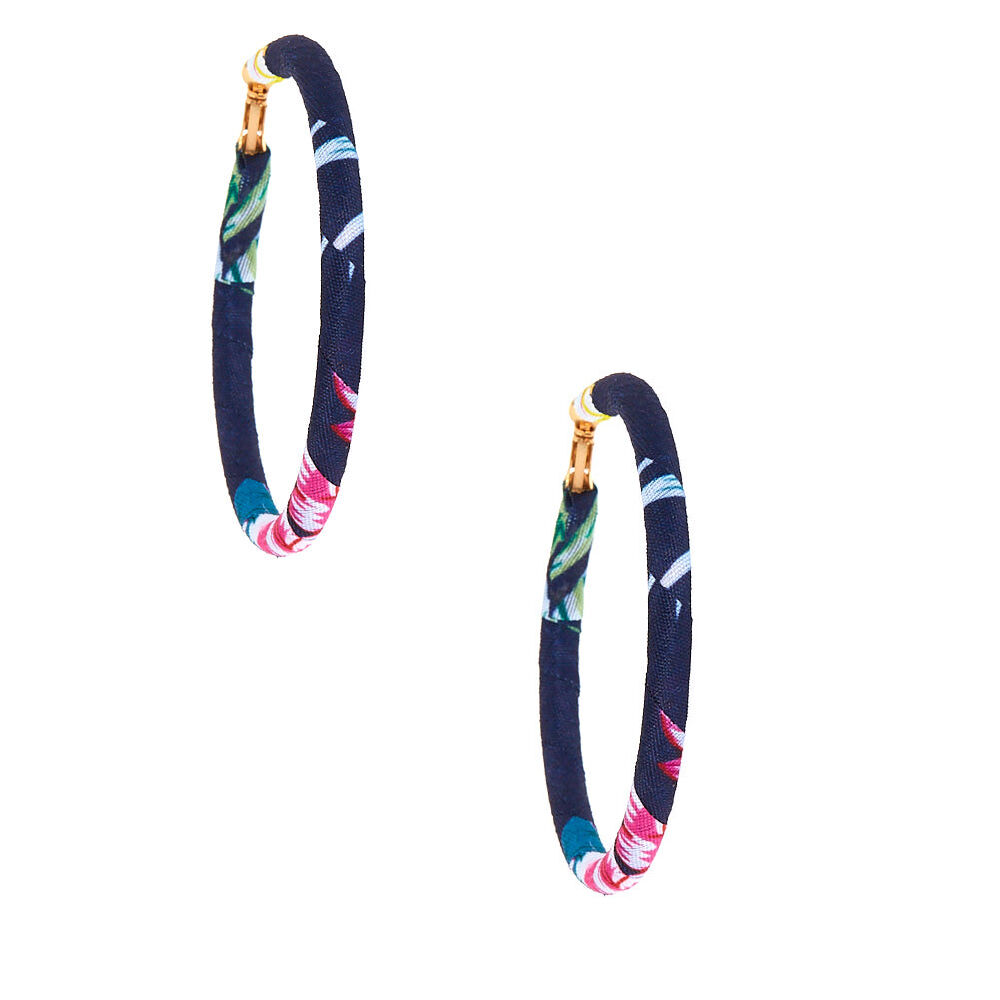 50MM Fabric Wrapped Floral Hoop Earrings - Navy,
