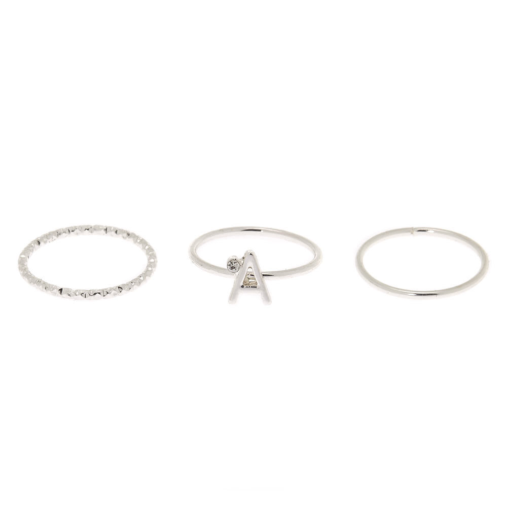Silver Initial Midi Rings - A, 3 Pack,