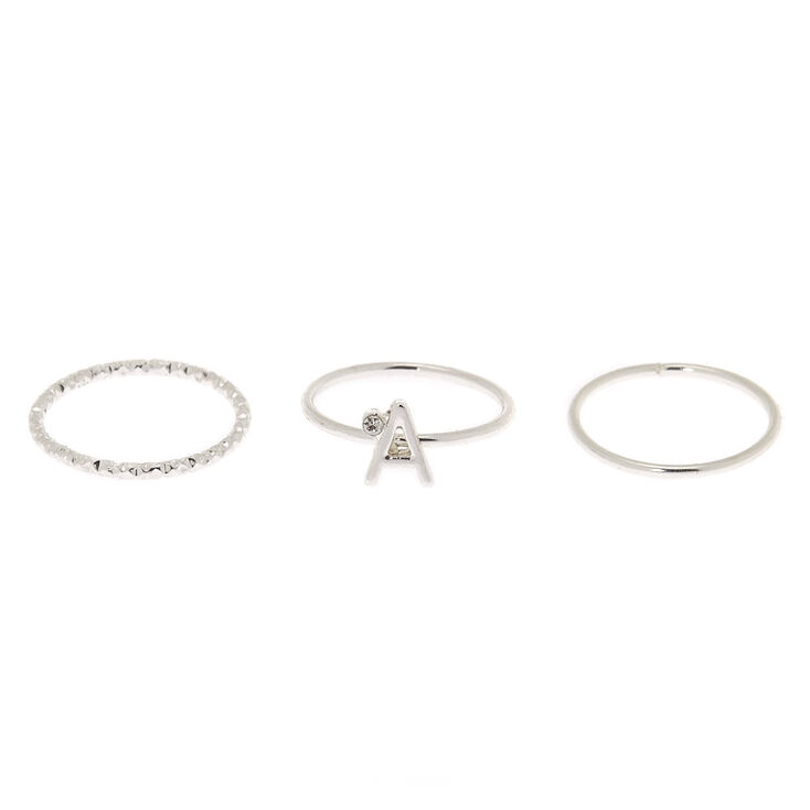 Silver Initial Midi Rings - A, 3 Pack,