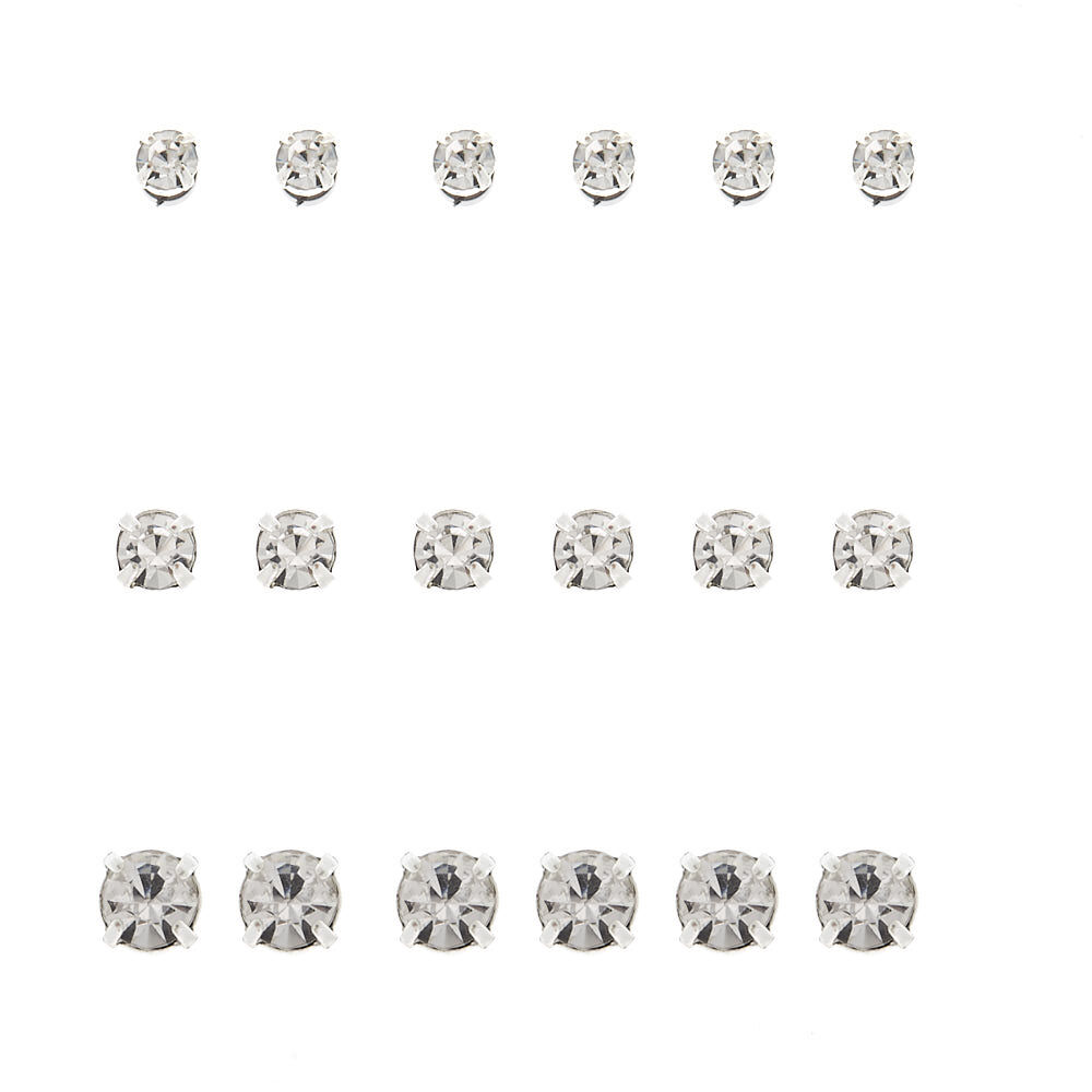 Silver Crystal Magnetic Stud Earrings 9 Pack