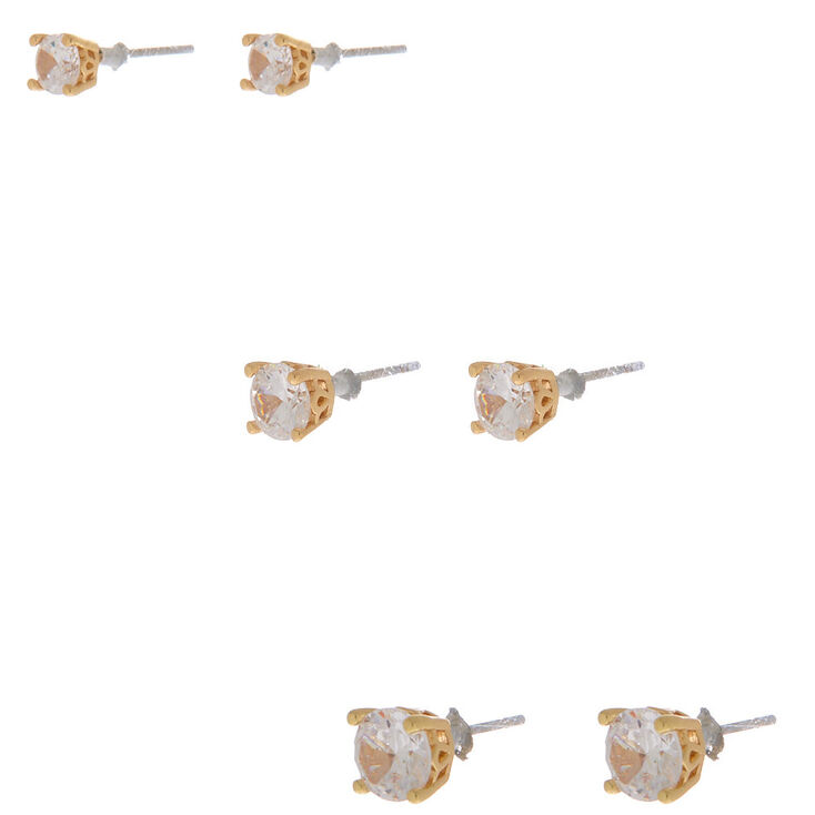 Gold-tone Cubic Zirconia 4mm, 5mm, &amp; 6mm Round Stud Earrings - 3 Pack,