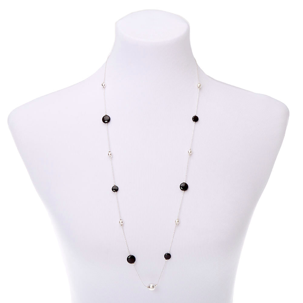 Silver Metallic Beaded Long Necklace - Black,