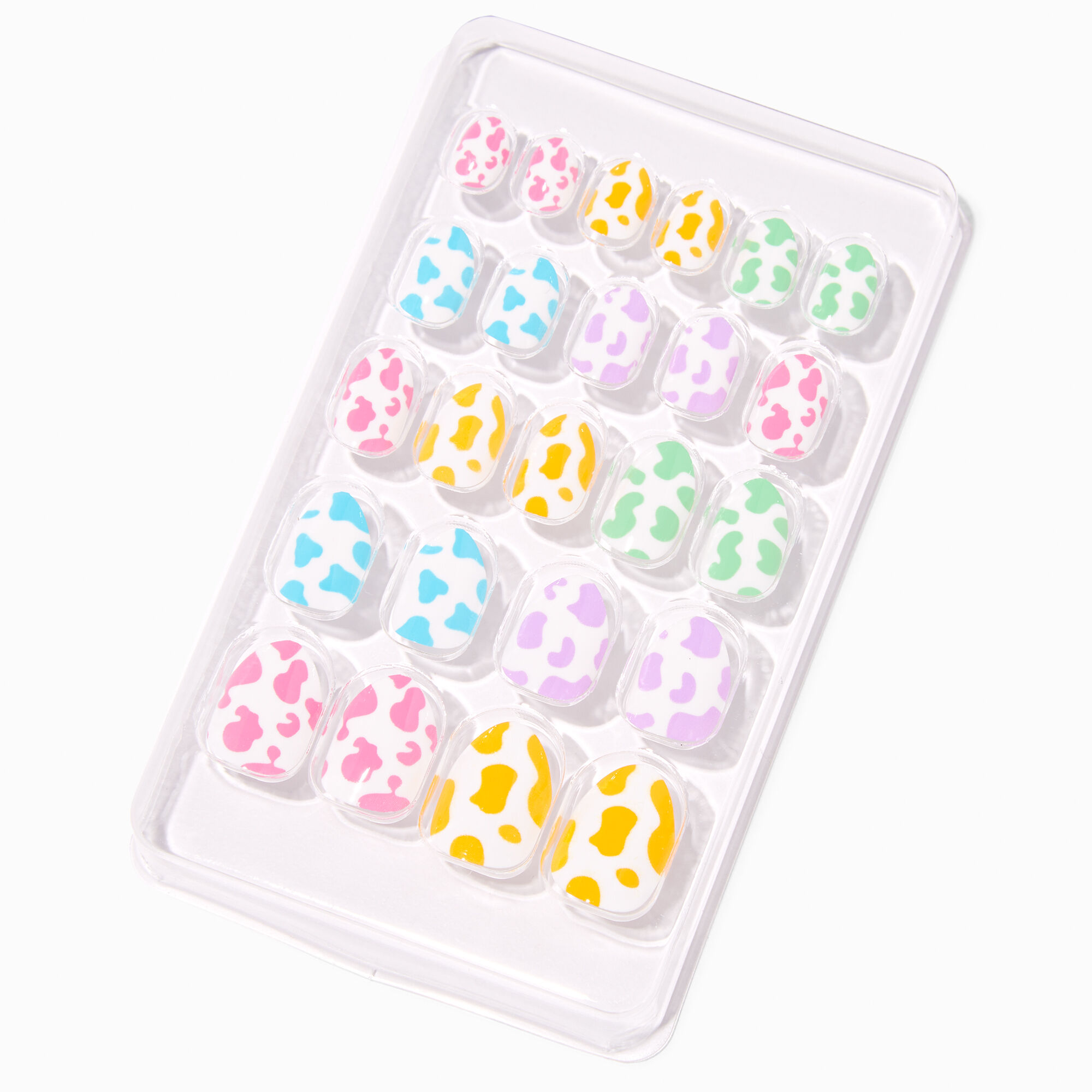 View Claires Cow Print Stiletto Press On Vegan Faux Nail Set 24 Pack Rainbow information