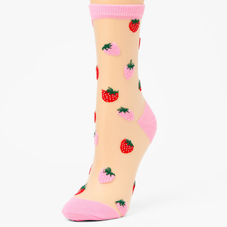 Embroidered Strawberries Sheer Crew Socks - Pink,