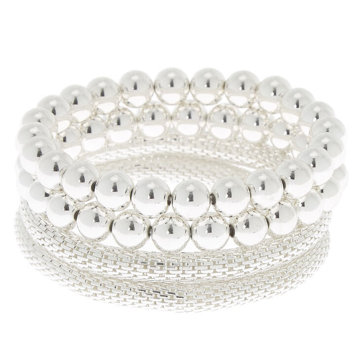Silver Mesh Beaded Stretch Bracelets - 4 Pack,