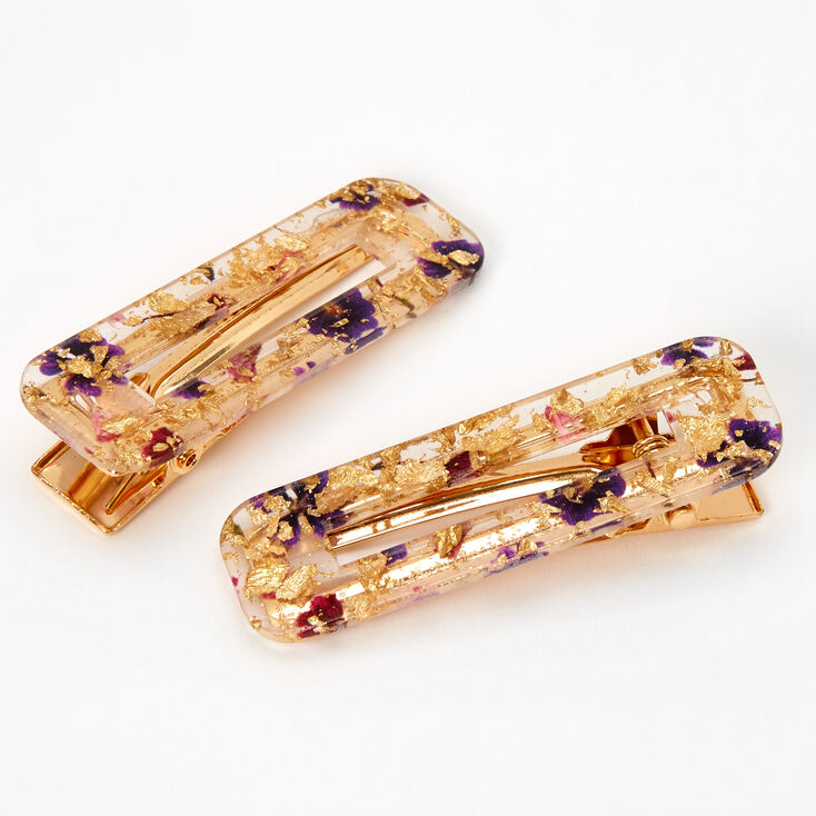 Barrettes boh&egrave;me fleurs violettes et mouchetures couleur dor&eacute;e - Lot de 2,