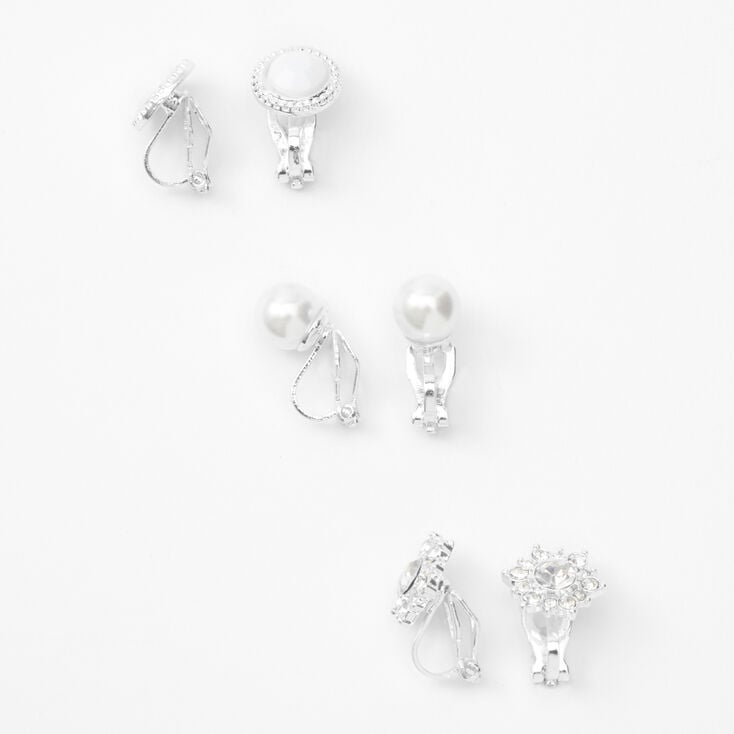 Silver Crystal Pearl Clip On Stud Earrings - 3 Pack,