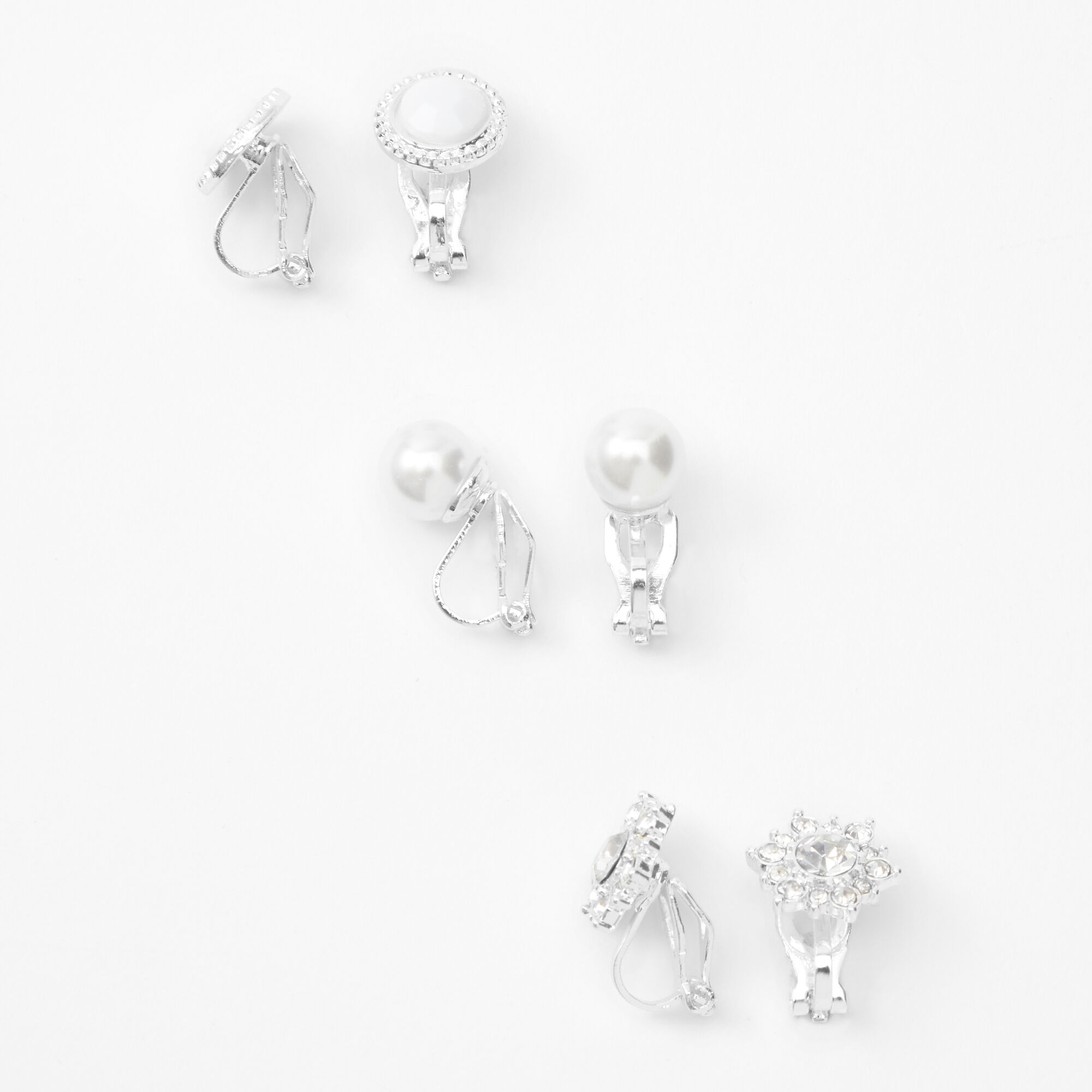 View Claires Crystal Pearl Clip On Stud Earrings 3 Pack Silver information
