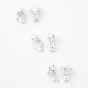 Silver Crystal Pearl Clip On Stud Earrings - 3 Pack,