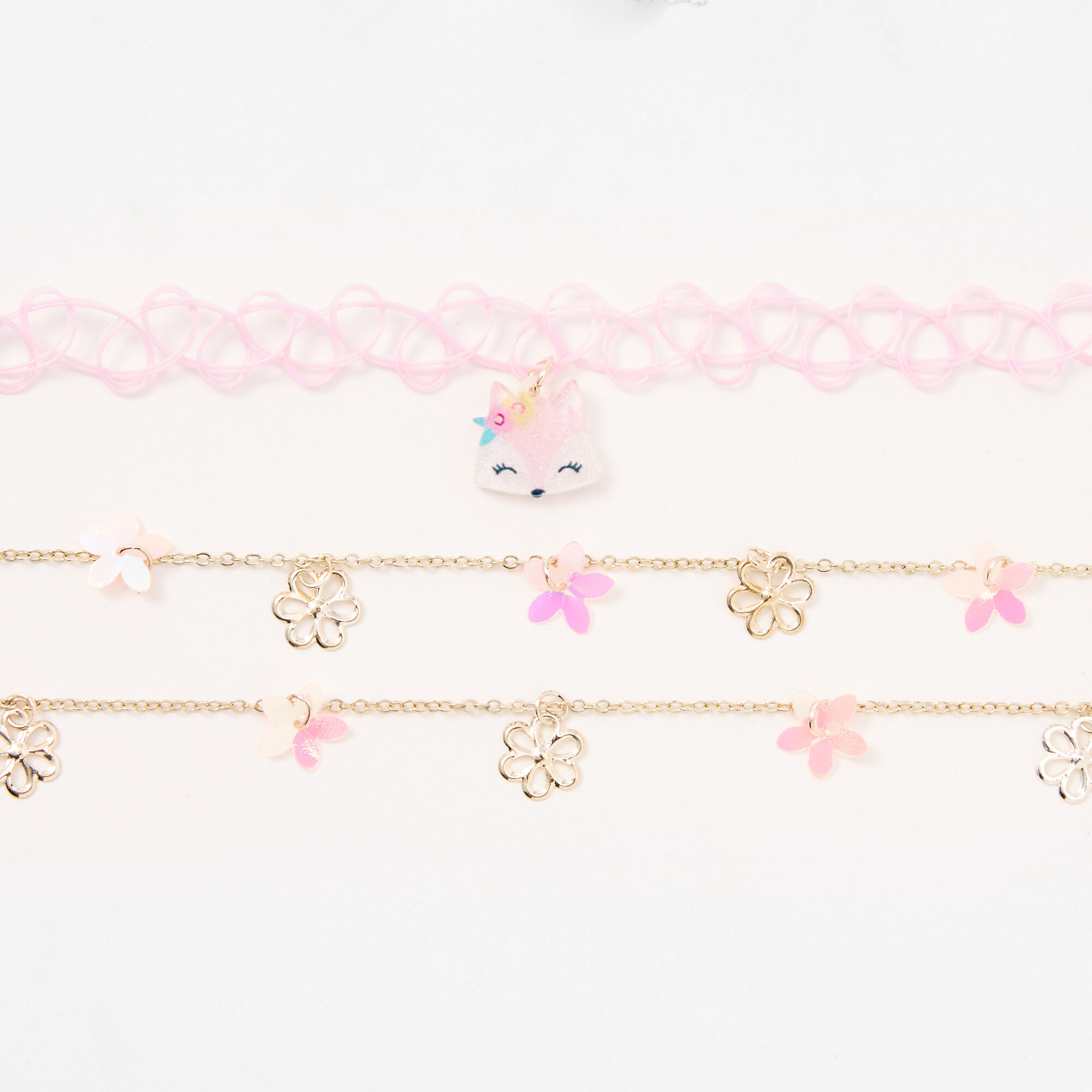 Claire's Club Pink Fox & Daisy Choker & Multi Strand Necklaces - 2 Pack,