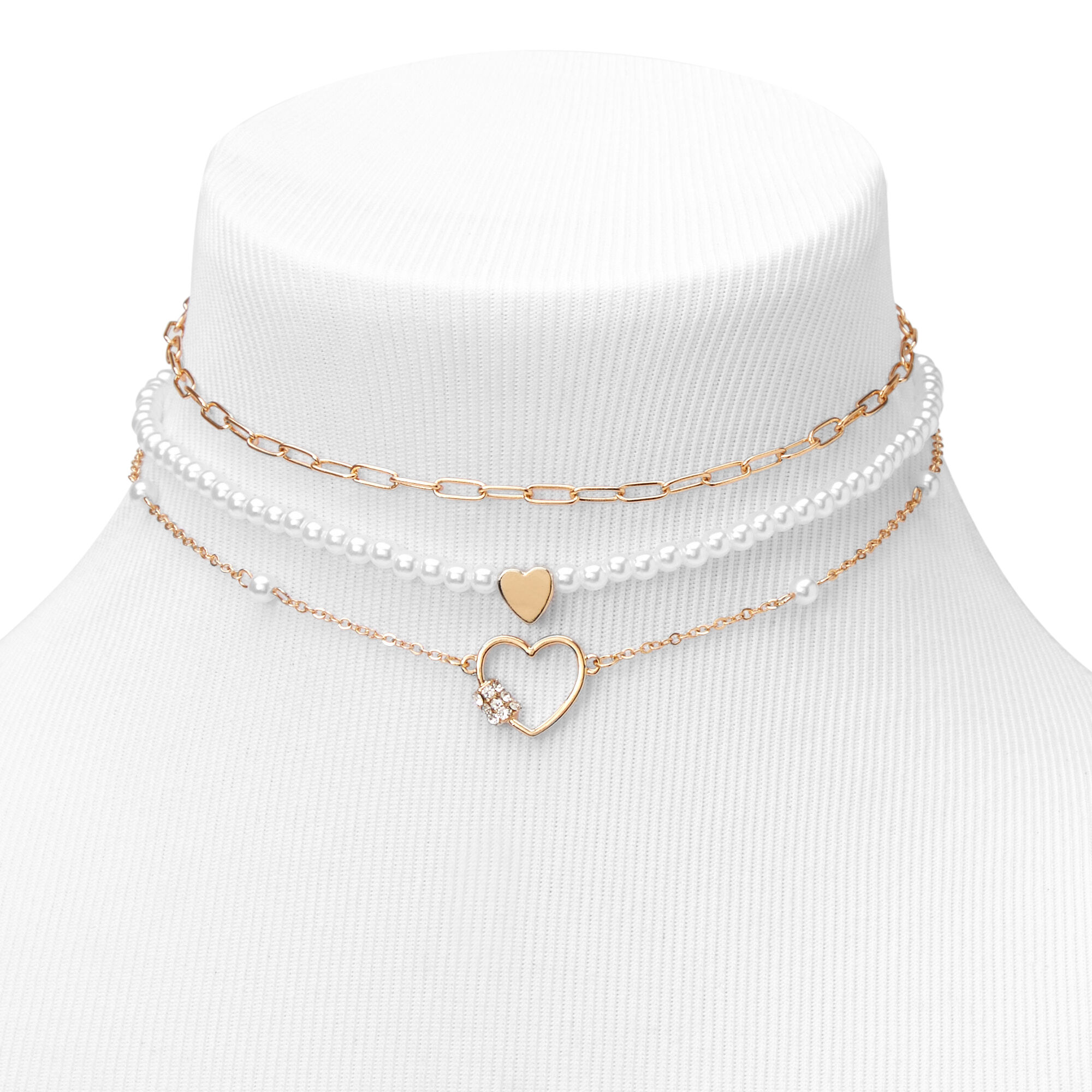 Gold Pearl Heart Chain Choker Necklaces 3 Pack Claire s US
