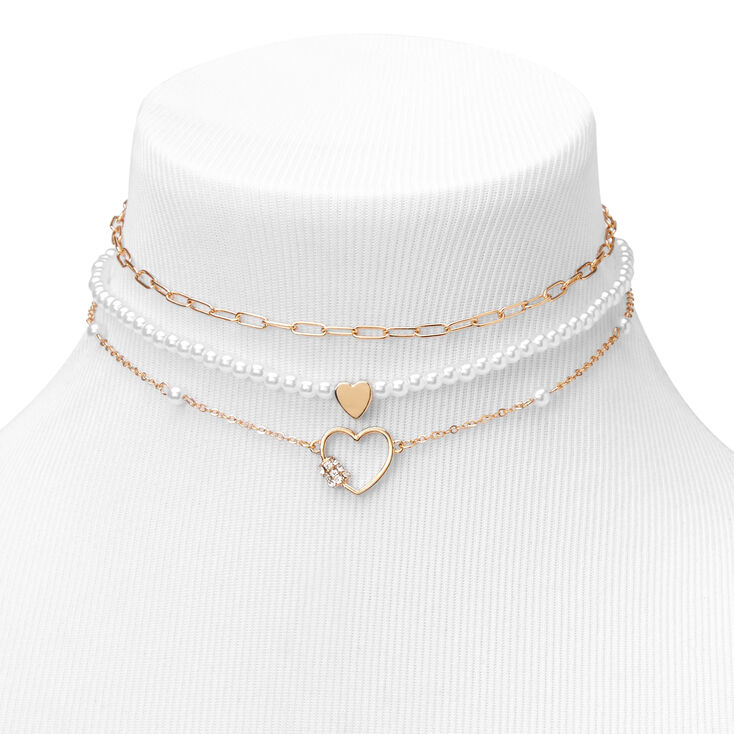 Gold & Pearl Heart Chain Choker Necklaces - 3 Pack