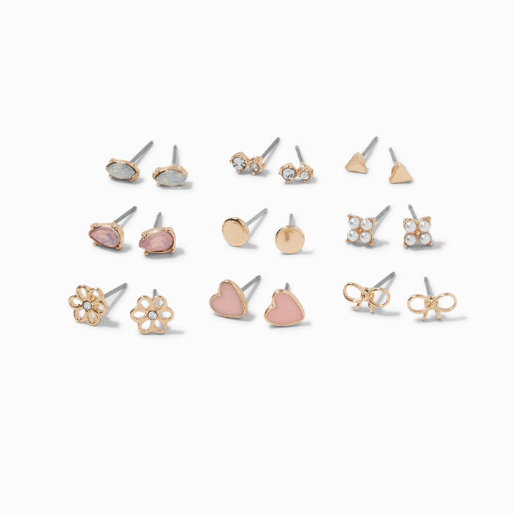 Gold-tone Romantic Pink Stud Earrings Set - 9 Pack ,