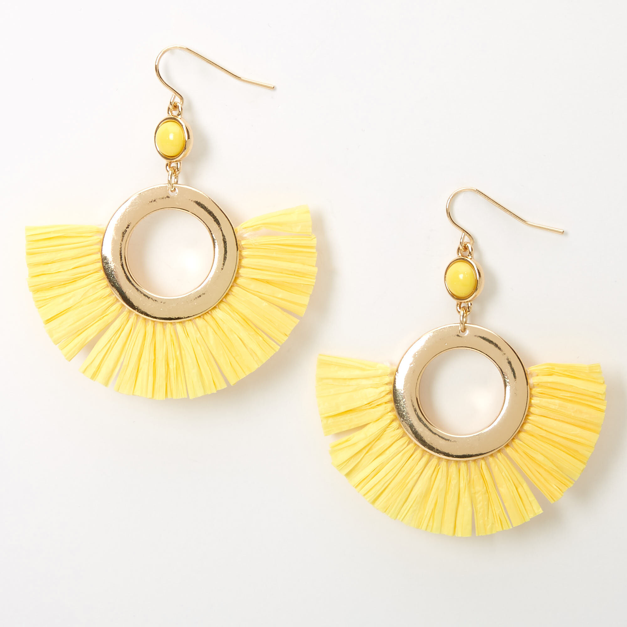 Gold 2" Beaded Circle Fan Drop Earrings - Yellow,