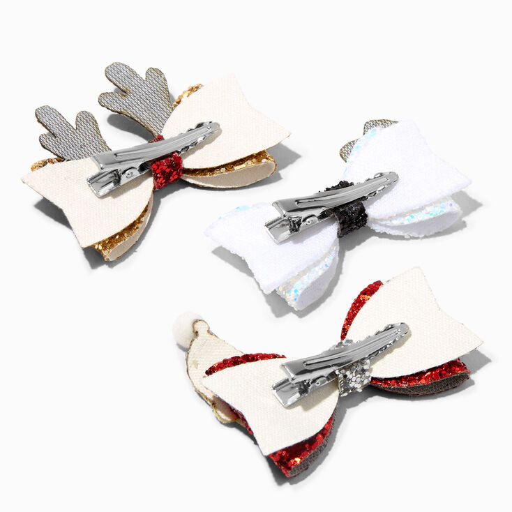 Santa, Reindeer, &amp; Snowman Sequin Hair Bow Clips - 3 Pack,