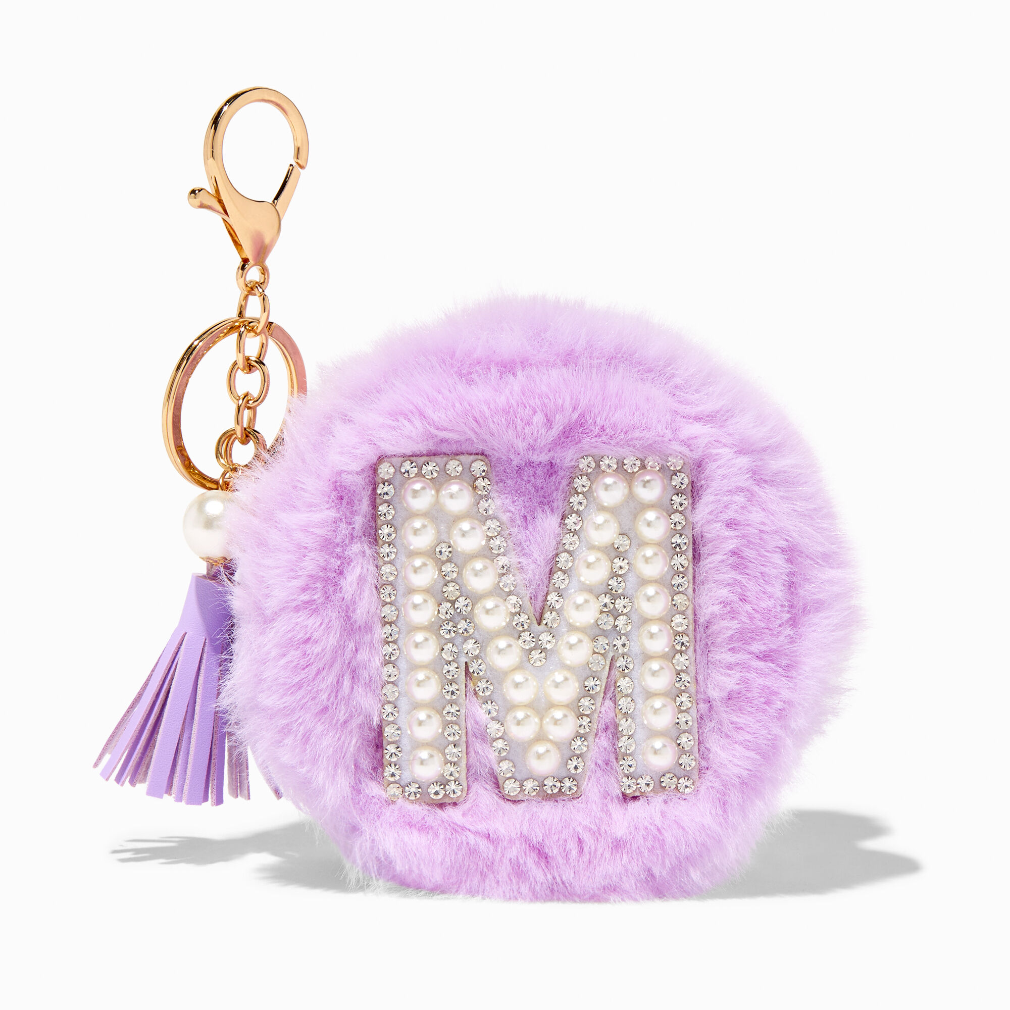 View Claires Furry Pearl Initial Coin Purse Keyring M Purple information