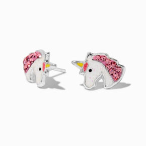 Clous d&#39;oreilles f&ecirc;te licorne strass couleur argent&eacute;e,