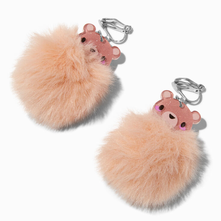 Brown Bear Pom Pom 1.5&quot; Clip-On Drop Earrings,