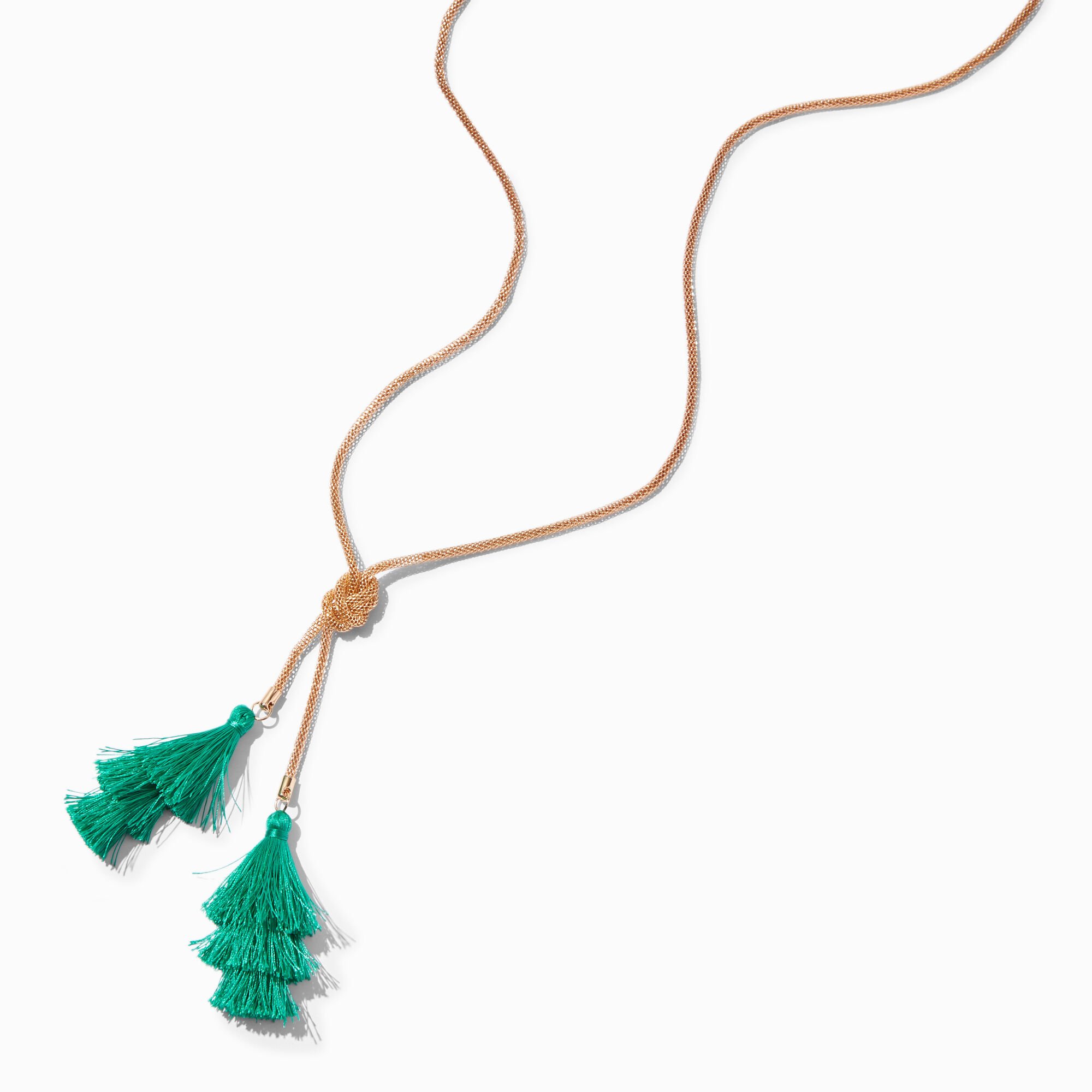 View Claires Double Tassel Knotted Mesh Chain Necklace Green information
