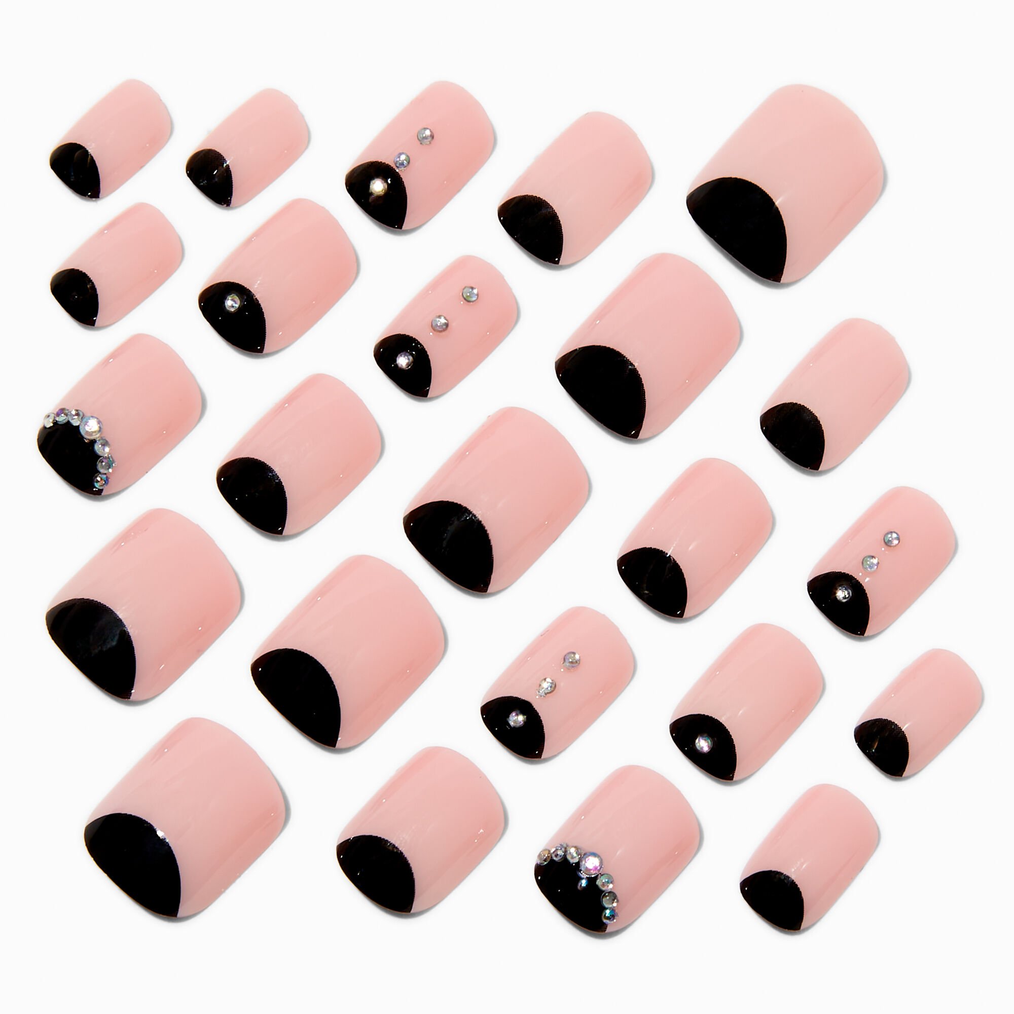 Black & Nude Bling Short Square Vegan Faux Nail Set - 24 Pack,