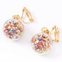 Gold 1&quot; Rainbow Glitter Shaker Clip On Drop Earrings,