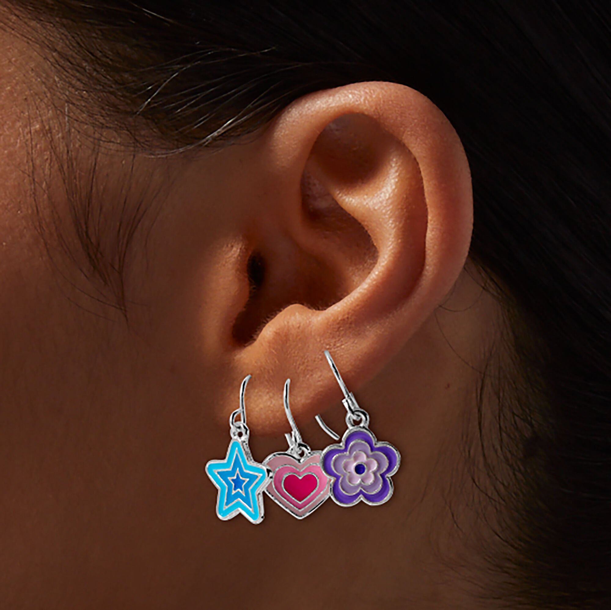 Star, Heart & Daisy Burst Drop Earring Stackables Set - 3 Pack,