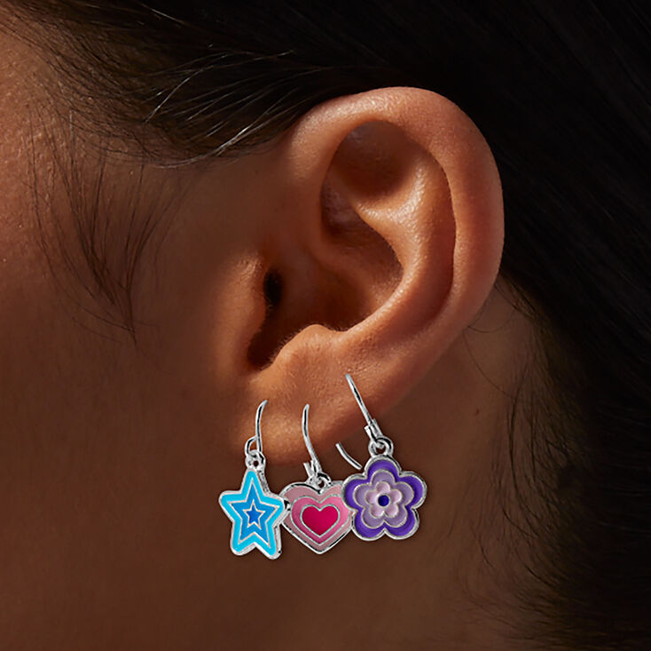 Star, Heart &amp; Daisy Burst Drop Earring Stackables Set - 3 Pack,