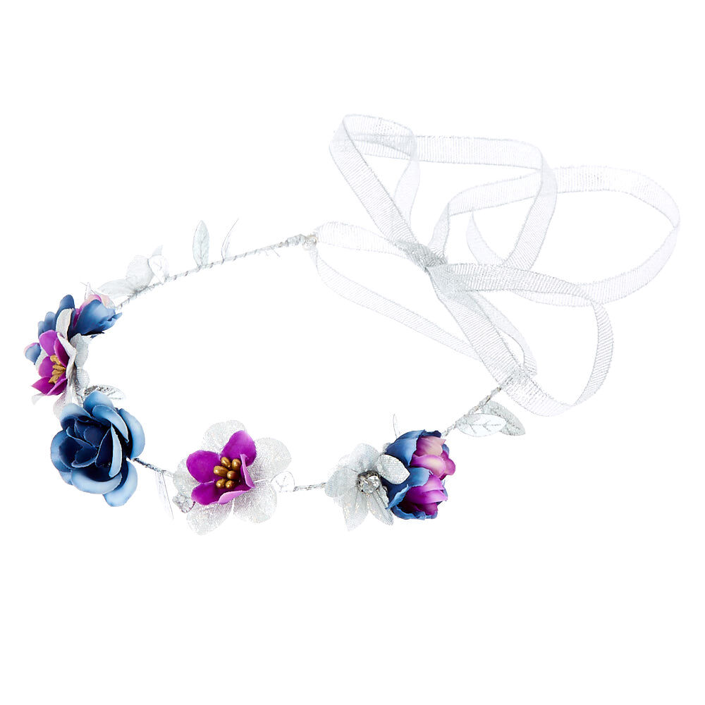 Silver Glitter Flower Crown Tie Headwrap - Purple,