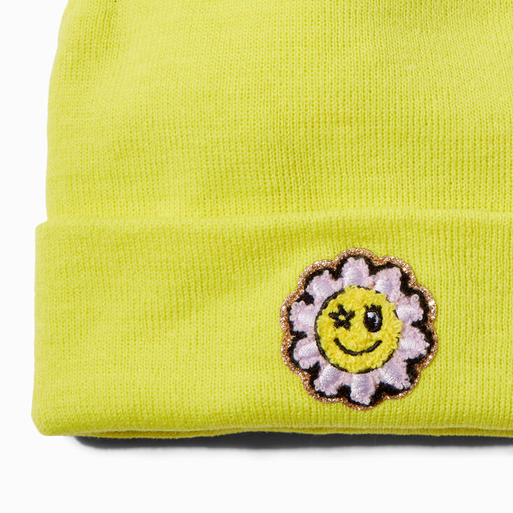 Daisy Happy Face Neon Yellow Beanie Hat,