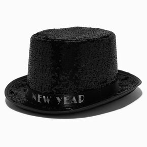 Chapeau haut-de-forme &agrave; sequins noirs &laquo;&nbsp;Happy New Year&nbsp;&raquo;,