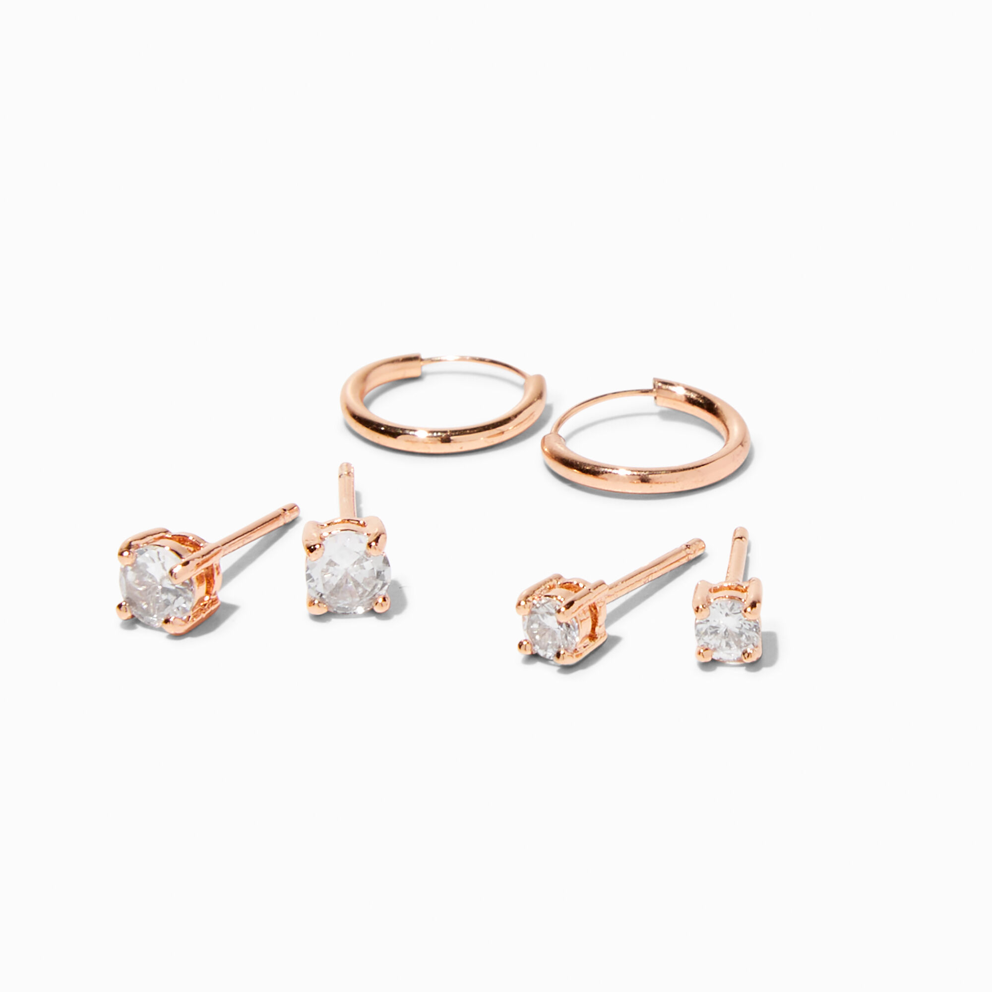 View Claires 18K Rose Plated Cubic Zirconia Stud Hoop Earring Set 3 Pack Gold information