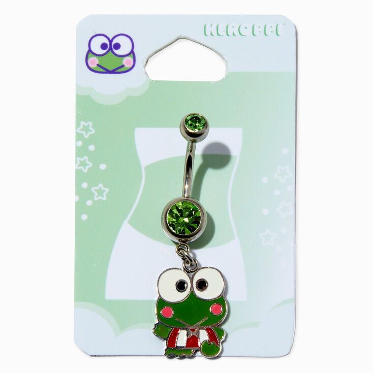 Keroppi&reg; Silver-tone Stainless Steel Green Crystal Charm 14G Belly Bar,