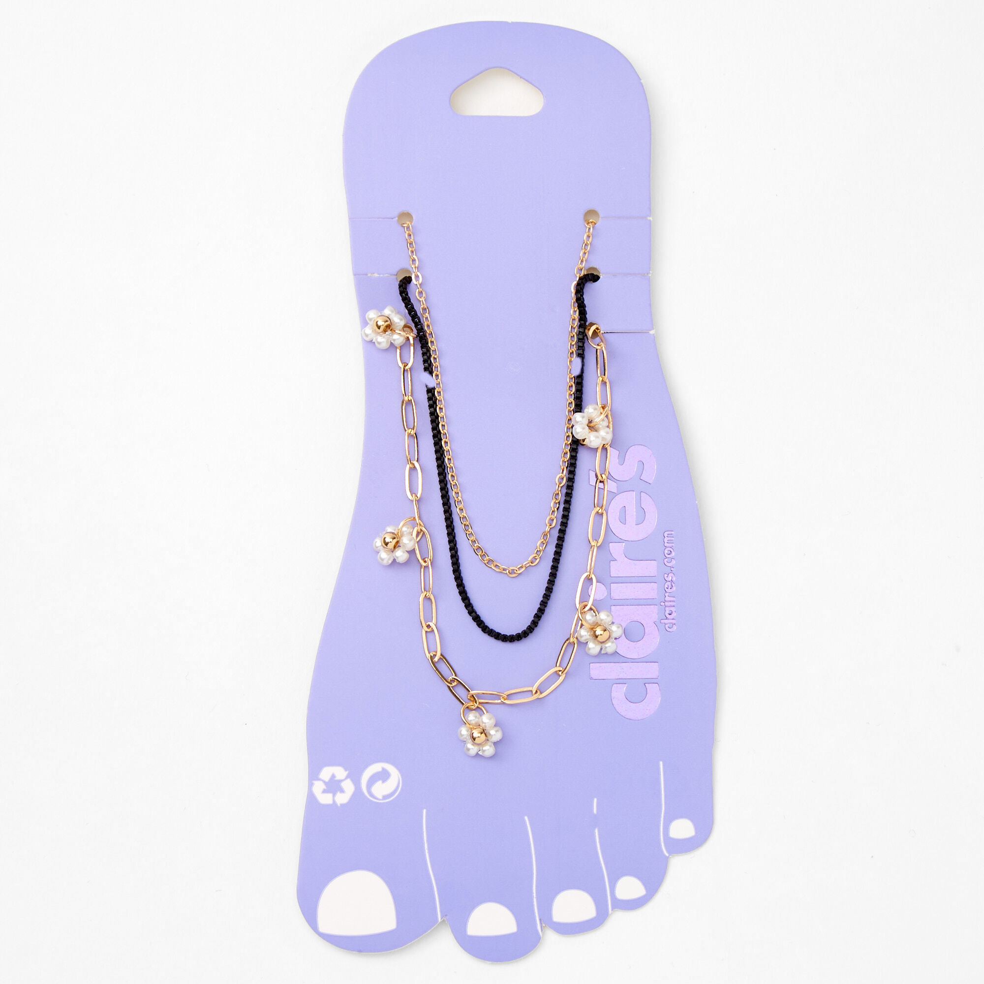 Gold Daisy Cord Chain Anklets Black 3 Pack