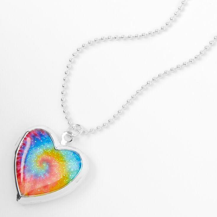 Silver Rainbow Tie Dye Heart Locket Pendant Necklace,