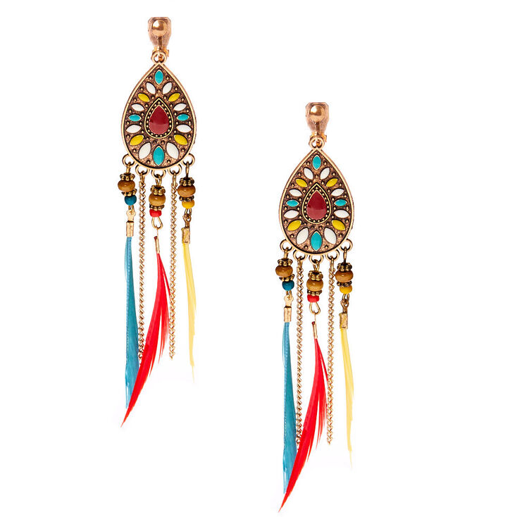 Gold 4&quot; Boho Rainbow Feather Clip On Drop Earrings,