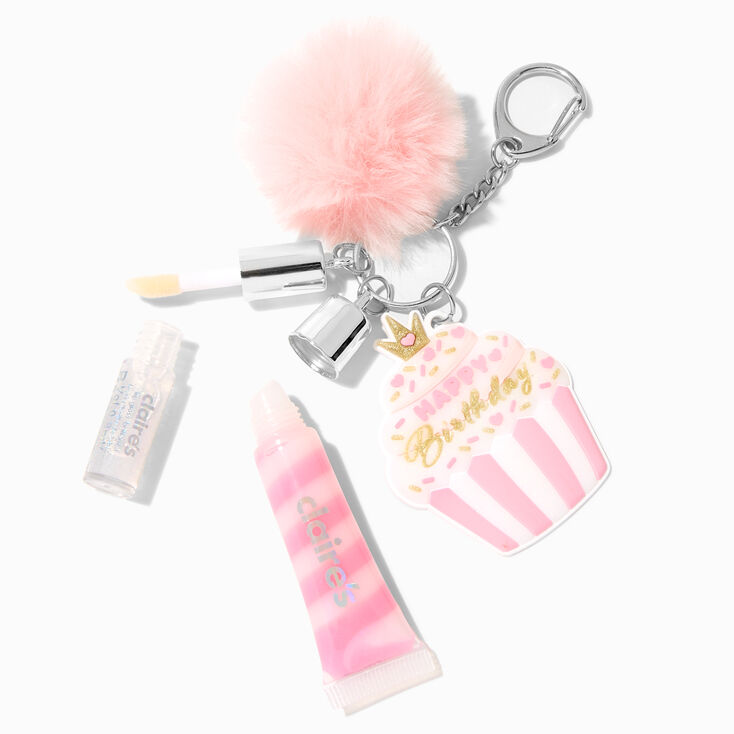 Claire&#39;s Club Happy Birthday Pink Cupcake Lip Gloss Keychain,