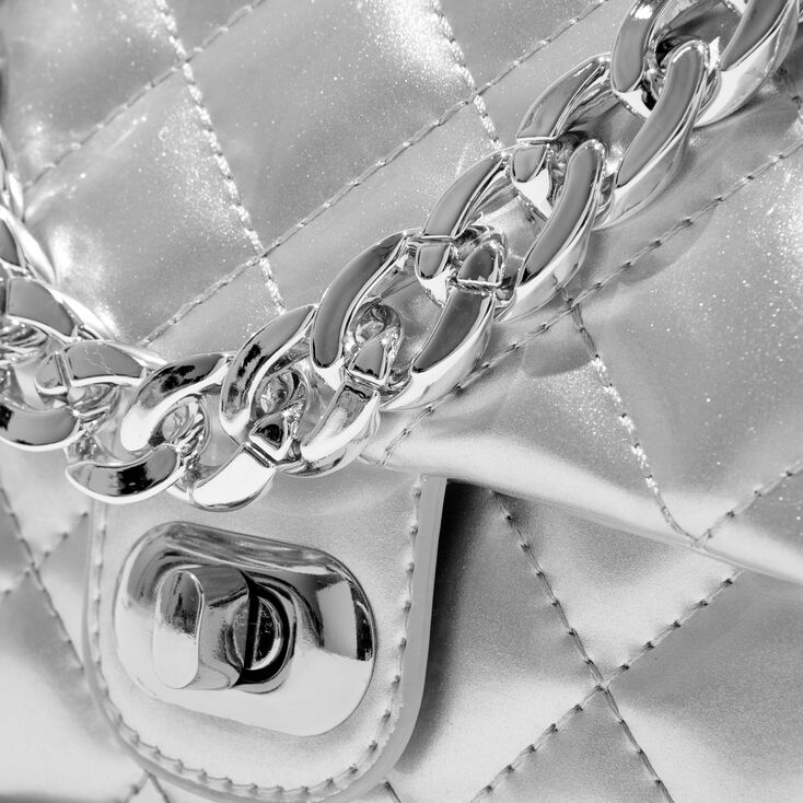 Quilted Silver Chrome Crossbody Bag,
