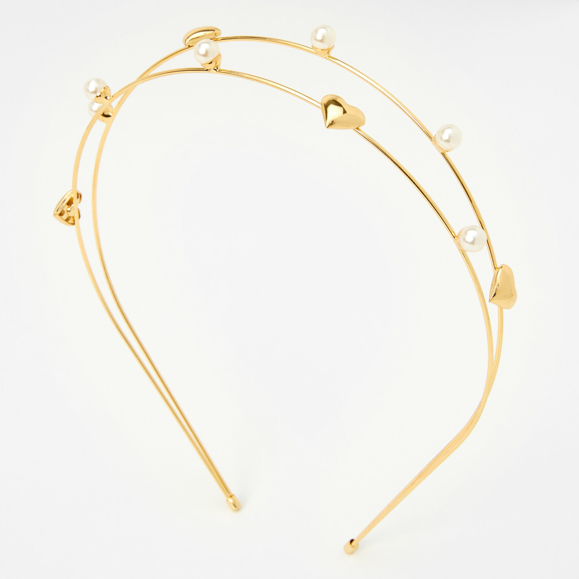 View Claires Pearl Heart Double Row Headband Gold information
