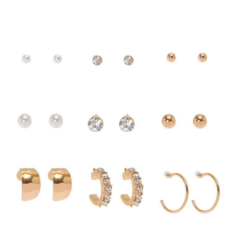 Classic Gold Tone Stud and Mini Half Hoop Earrings | Claire's